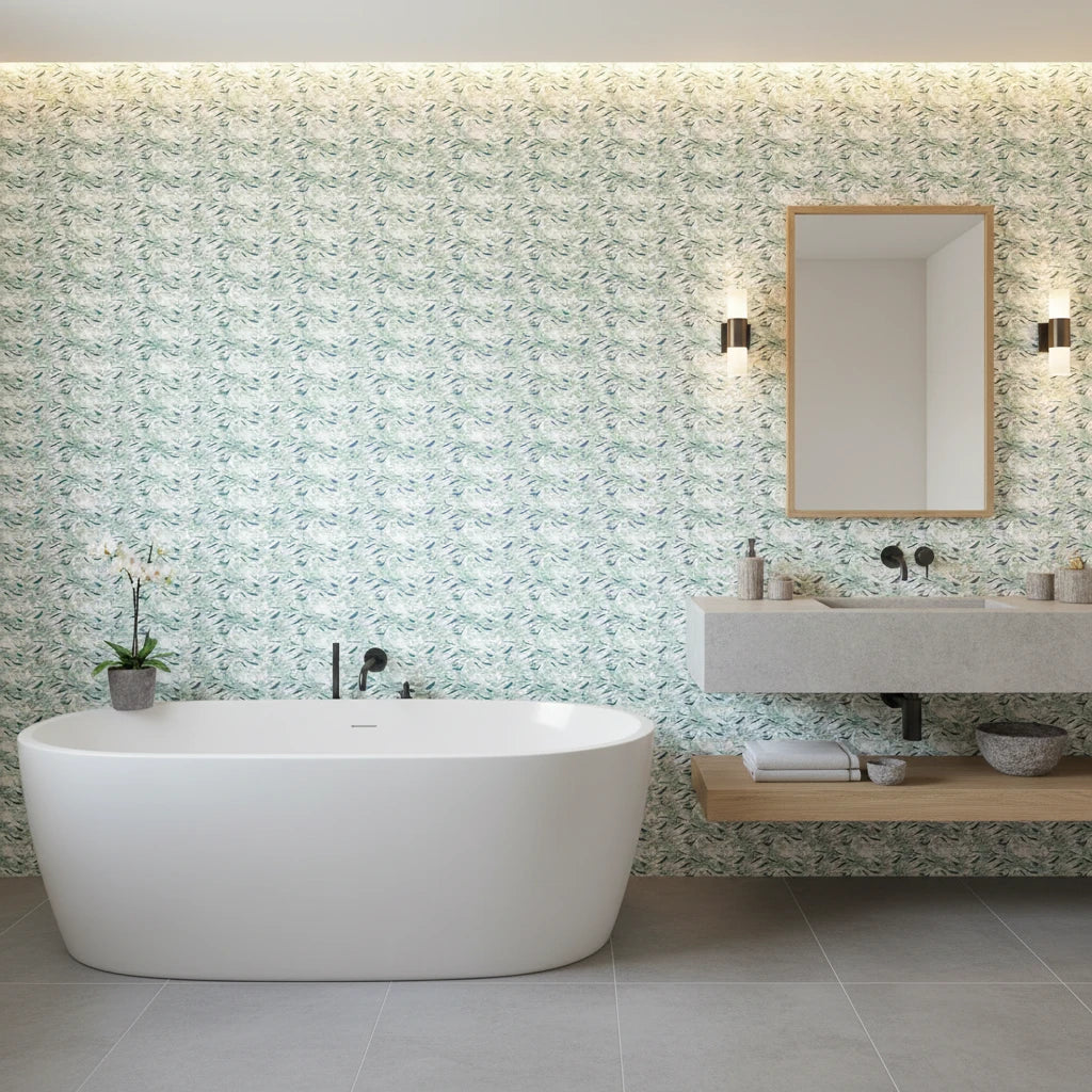 Shoal Drift serene coastal blue fish wallpaper creating ambiance in a serene bathroom