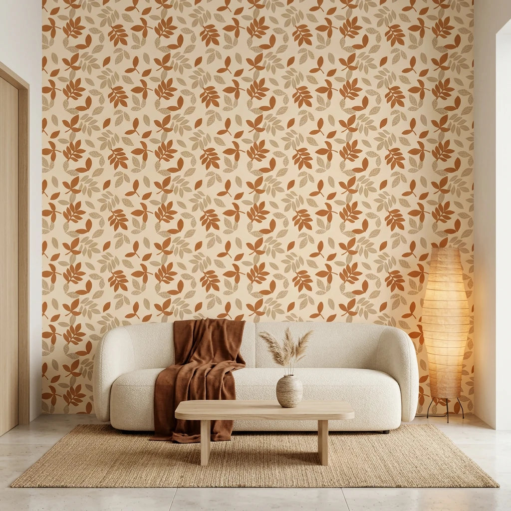 Sienna Drift warm terracotta autumn leaf wallpaper in a warm and inviting living room