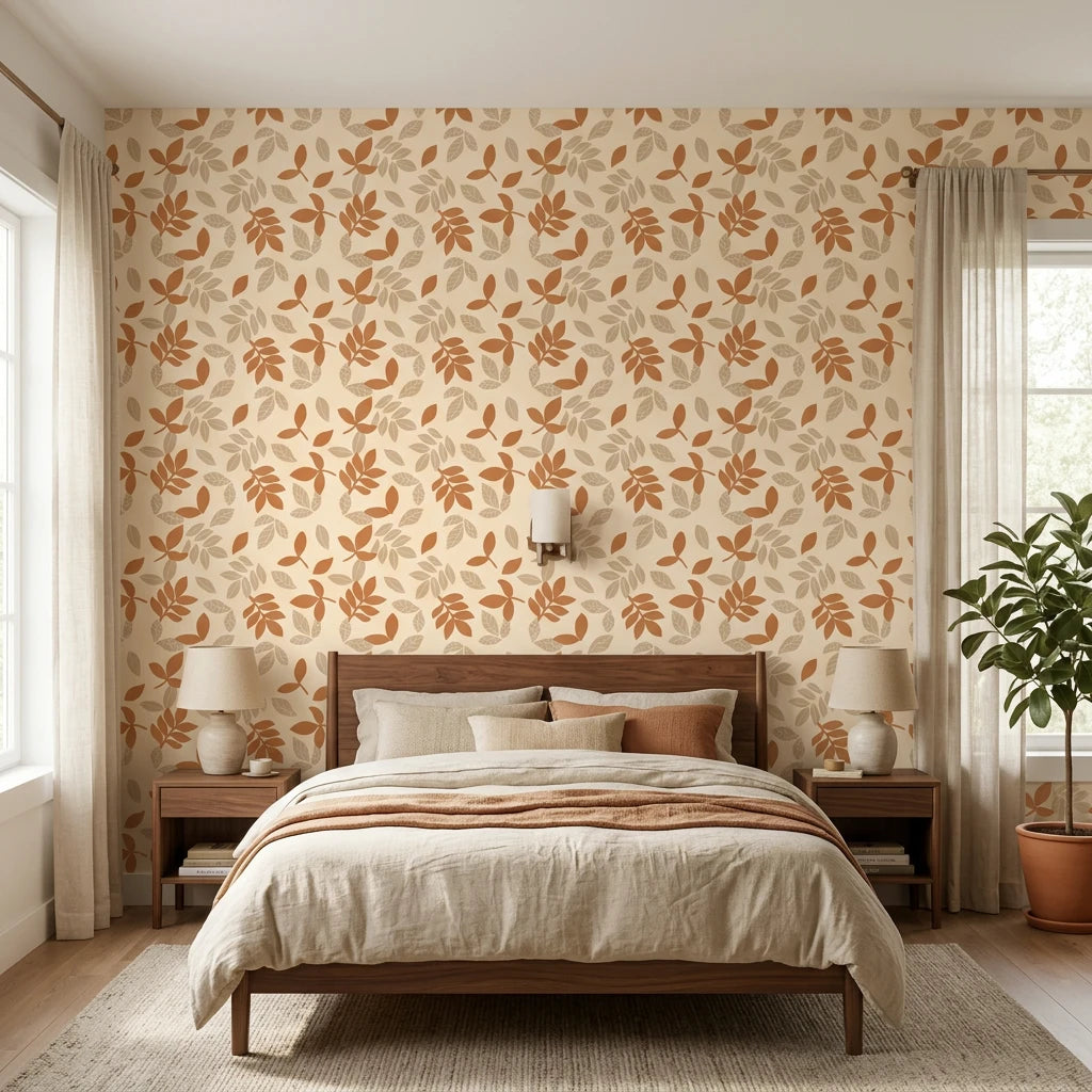 Sienna Drift warm terracotta autumn leaf wallpaper adding character to a cozy bedroom