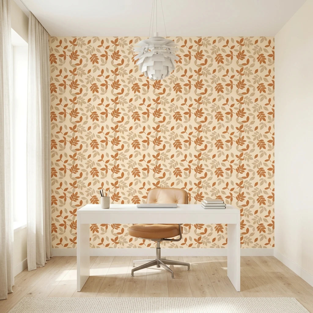 Sienna Drift warm terracotta autumn leaf wallpaper as a feature wall in a bright home office