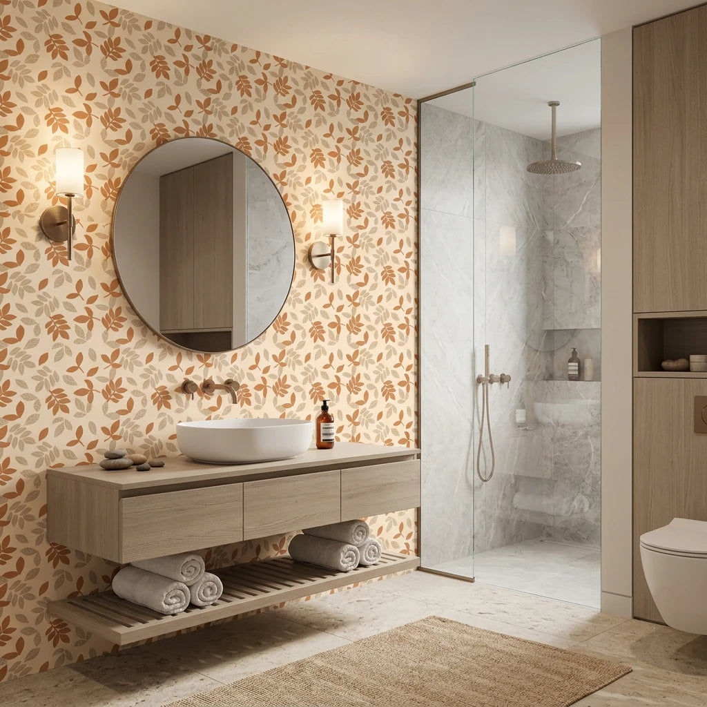 Sienna Drift warm terracotta autumn leaf wallpaper creating ambiance in a serene bathroom
