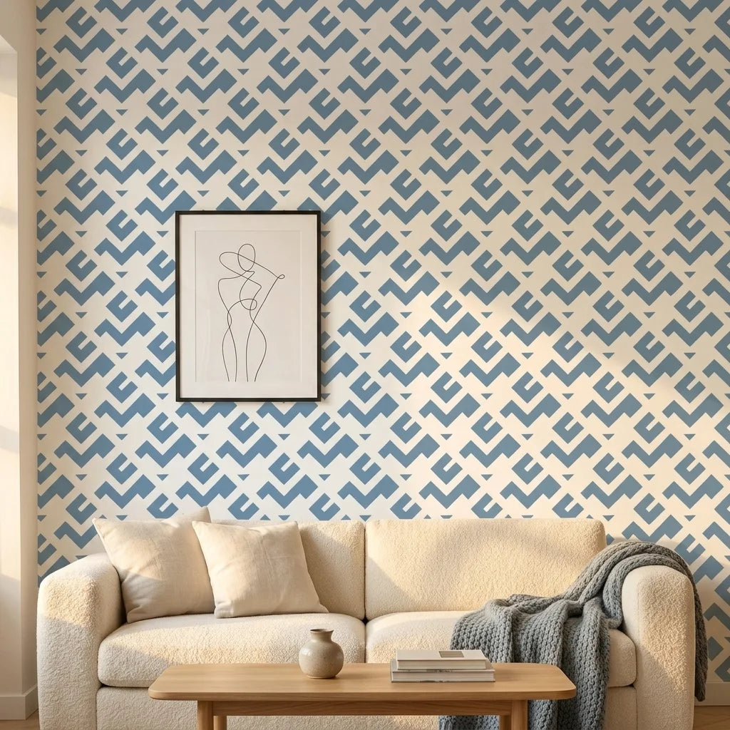 Signal & Edge blue geometric peel and stick wallpaper in a warm and inviting living room