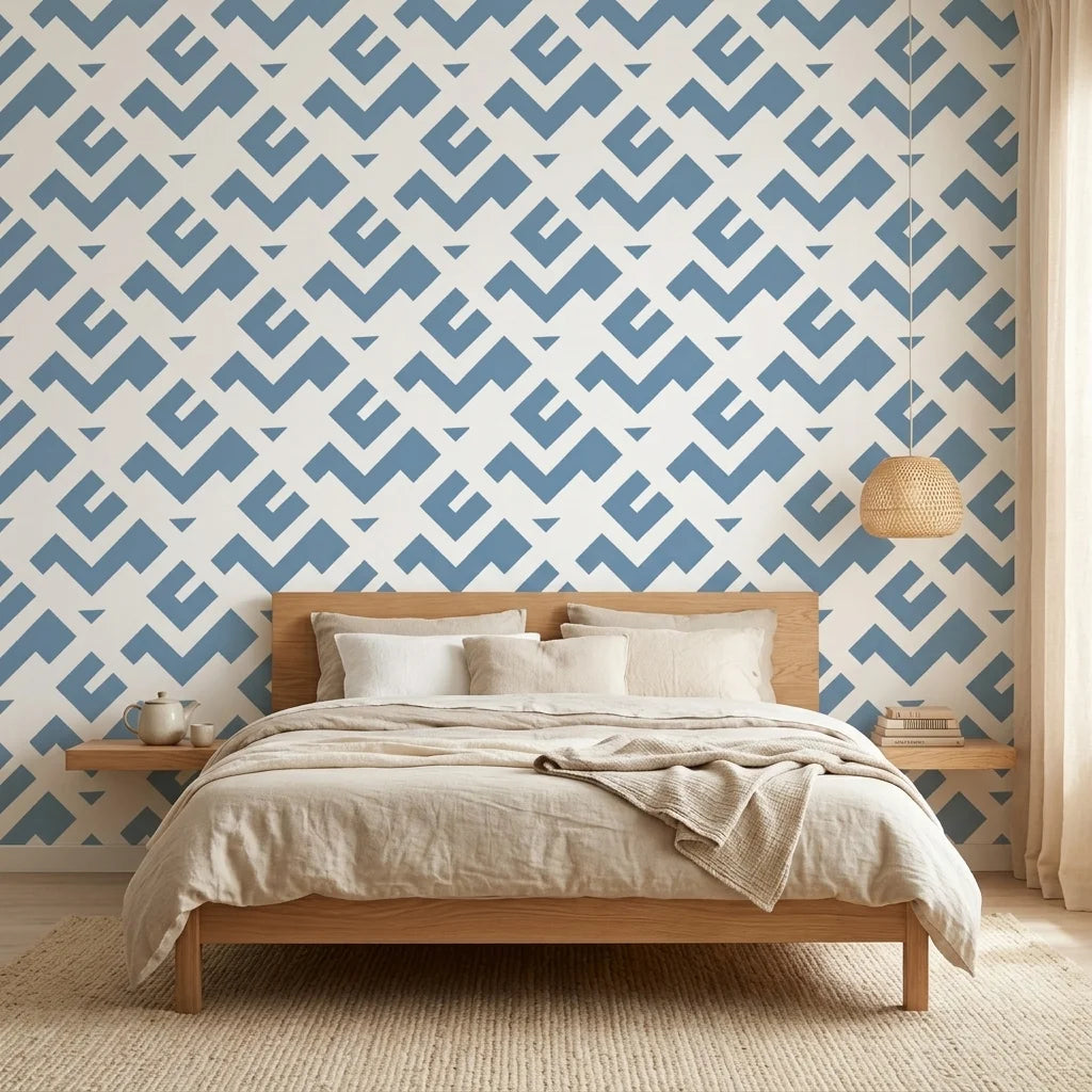 Signal & Edge blue geometric peel and stick wallpaper adding character to a cozy bedroom