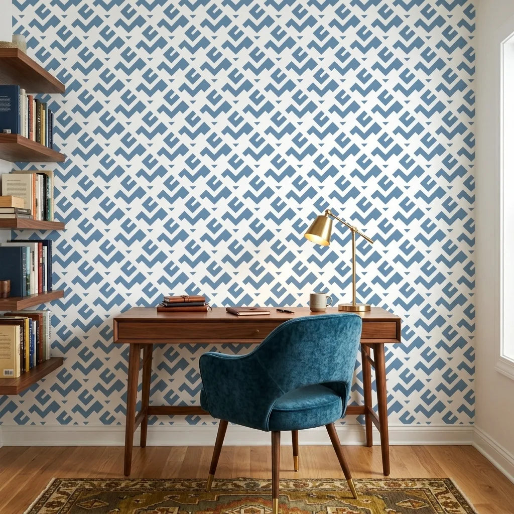 Signal & Edge blue geometric peel and stick wallpaper as a feature wall in a bright home office