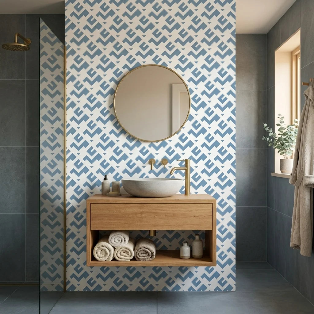 Signal & Edge blue geometric peel and stick wallpaper creating ambiance in a serene bathroom