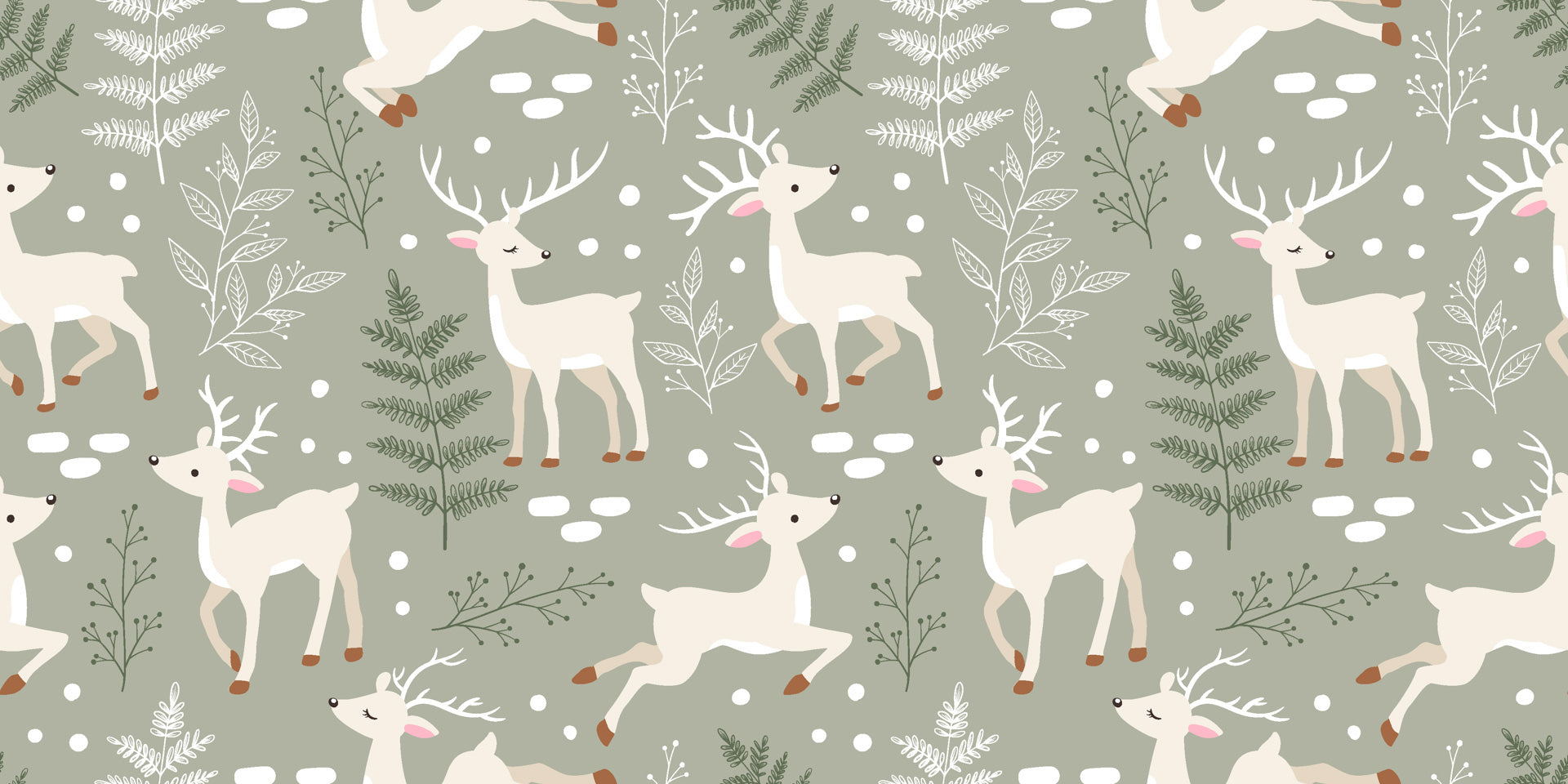 Winter Fawn Meadow woodland deer pattern wallpaper with soft sage background and winter foliage