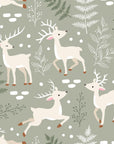 Winter Fawn Meadow woodland deer pattern wallpaper with soft sage background and winter foliage