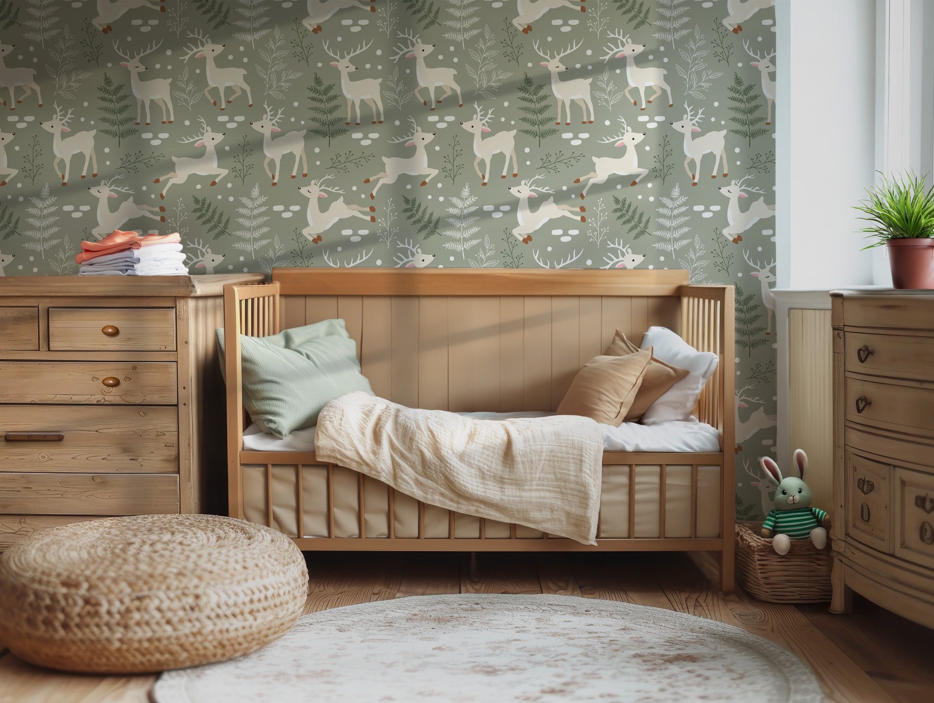 Winter Fawn Meadow wallpaper installed in a nursery featuring woodland deer and soft neutral decor