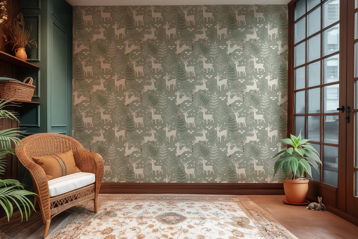 Children’s bedroom styled with Winter Fawn Meadow wallpaper creating a calm woodland wall backdrop