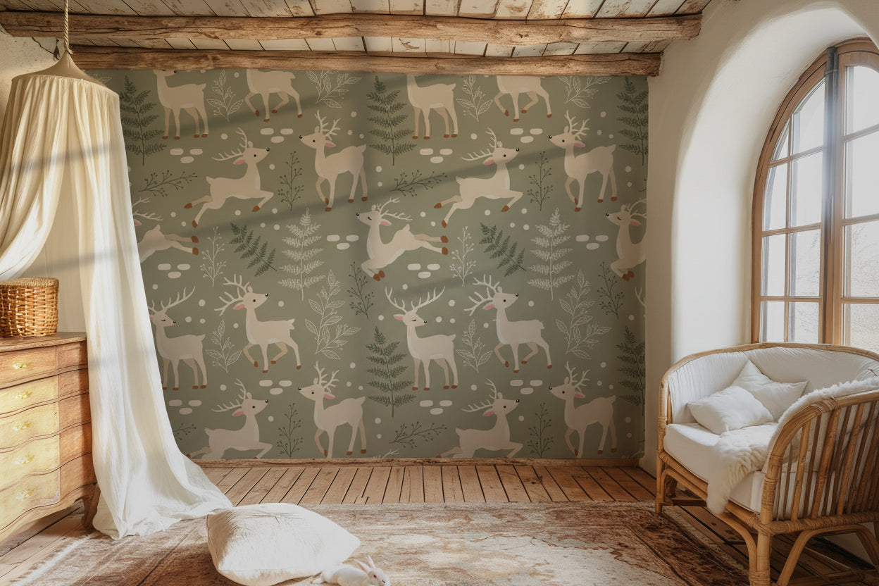 Winter Fawn Meadow wallpaper shown on a cozy nursery wall with light wood furniture and natural textures