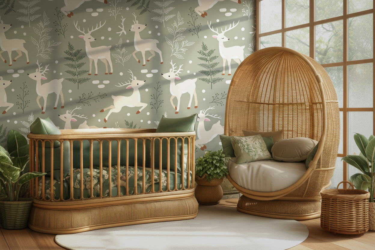 Woodland themed kids room featuring Winter Fawn Meadow wallpaper with deer and winter botanical elements