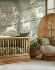 Woodland themed kids room featuring Winter Fawn Meadow wallpaper with deer and winter botanical elements