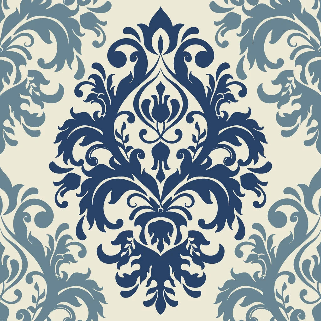 Elegant Silent Bouquet damask wallpaper in navy and slate blue on cream background with ornate scrollwork