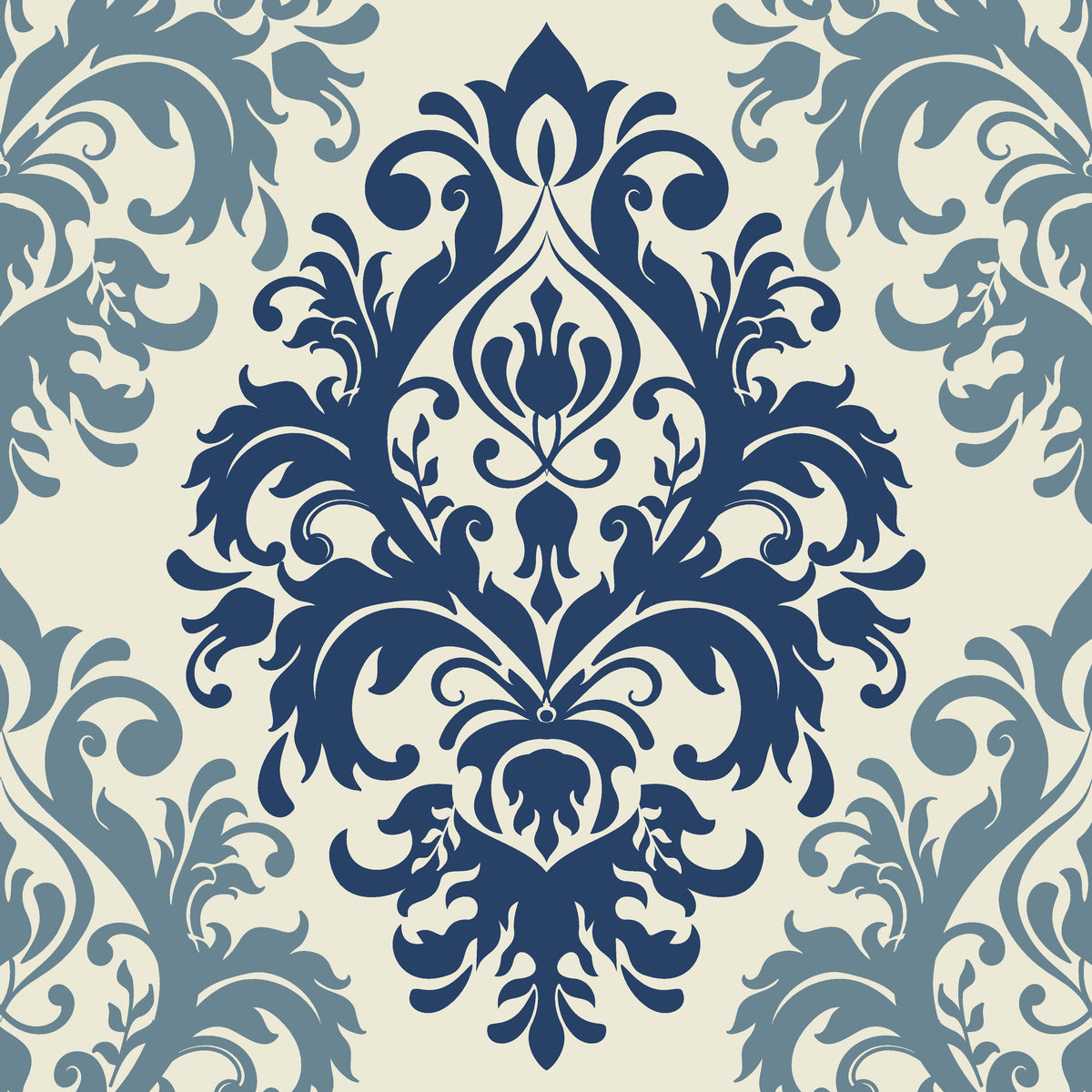 Elegant Silent Bouquet damask wallpaper in navy and slate blue on cream background with ornate scrollwork