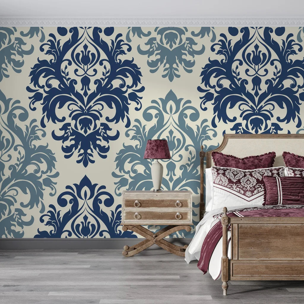 Navy and sage damask Silent Bouquet removable wallpaper in elegant bedroom setting