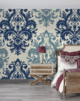 Navy and sage damask Silent Bouquet removable wallpaper in elegant bedroom setting