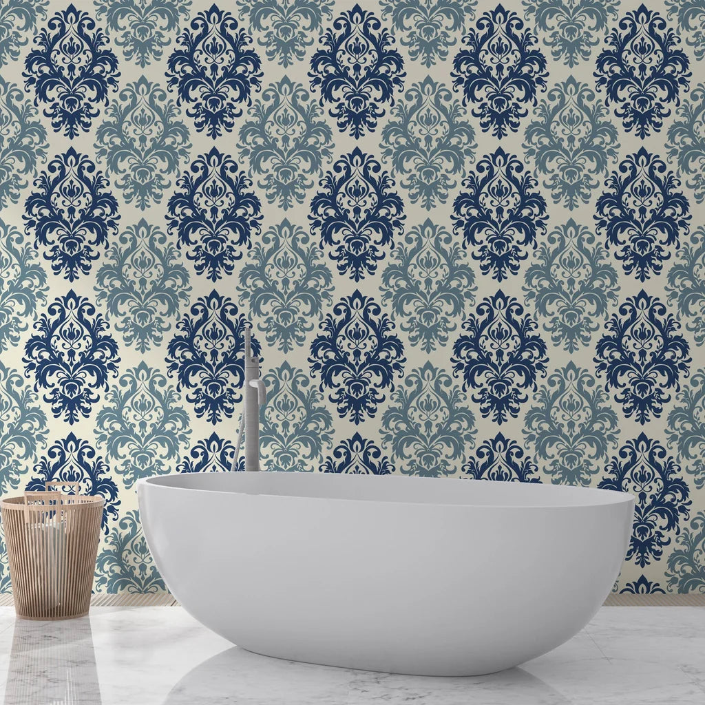 Navy and sage Silent Bouquet damask wallpaper in modern bathroom with freestanding tub