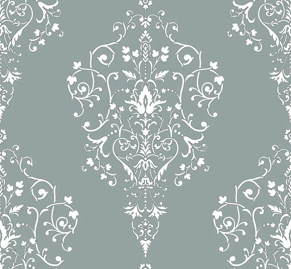 Elegant Silent Spring damask wallpaper with white ornate scrollwork on sage green background