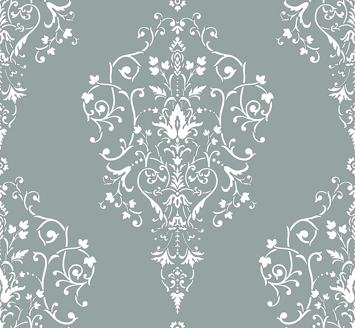 Elegant Silent Spring damask wallpaper with white ornate scrollwork on sage green background