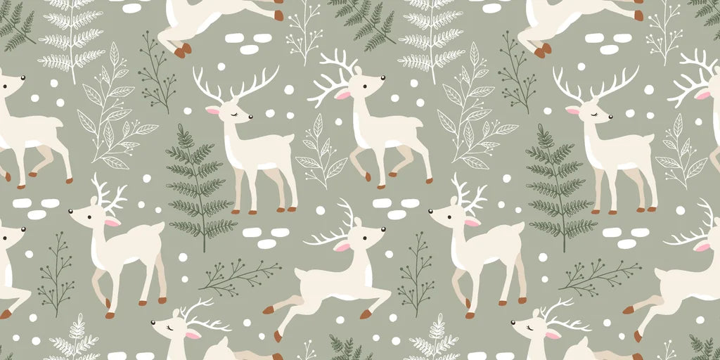 Sage green nursery deer pine tree peel and stick wallpaper -Silent Woods