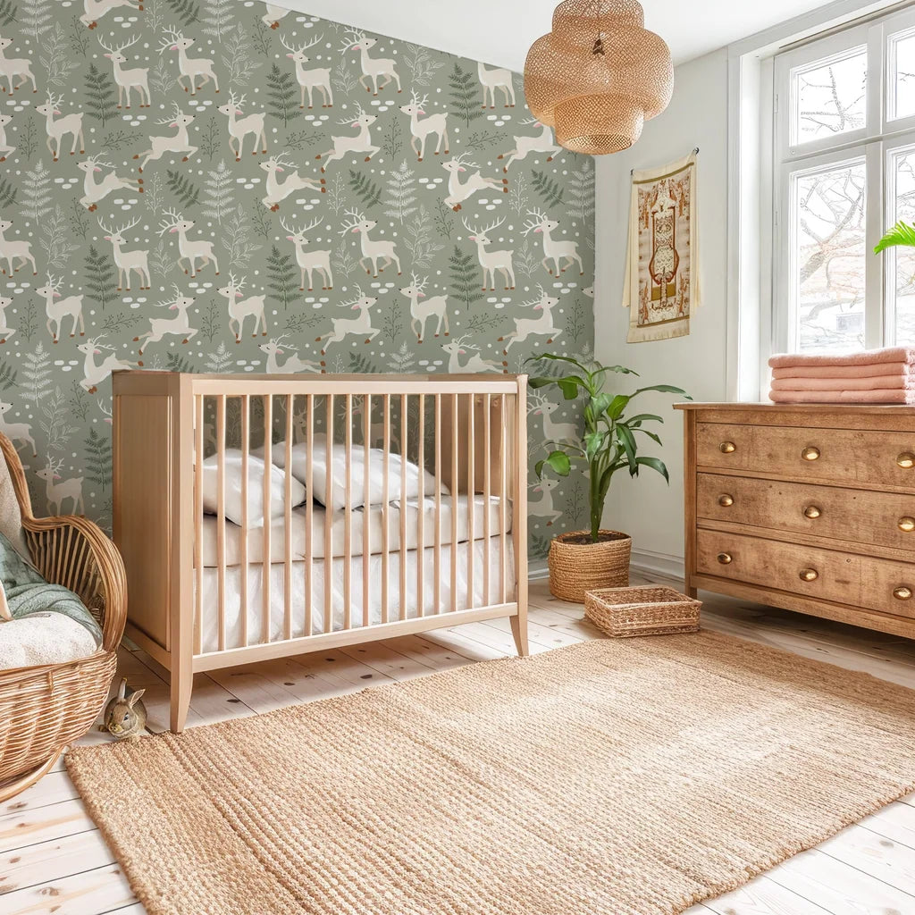 Nature-themed wall covering showcasing graceful stags and evergreen woods in a calming sage green palette for easy application - Silent Woods