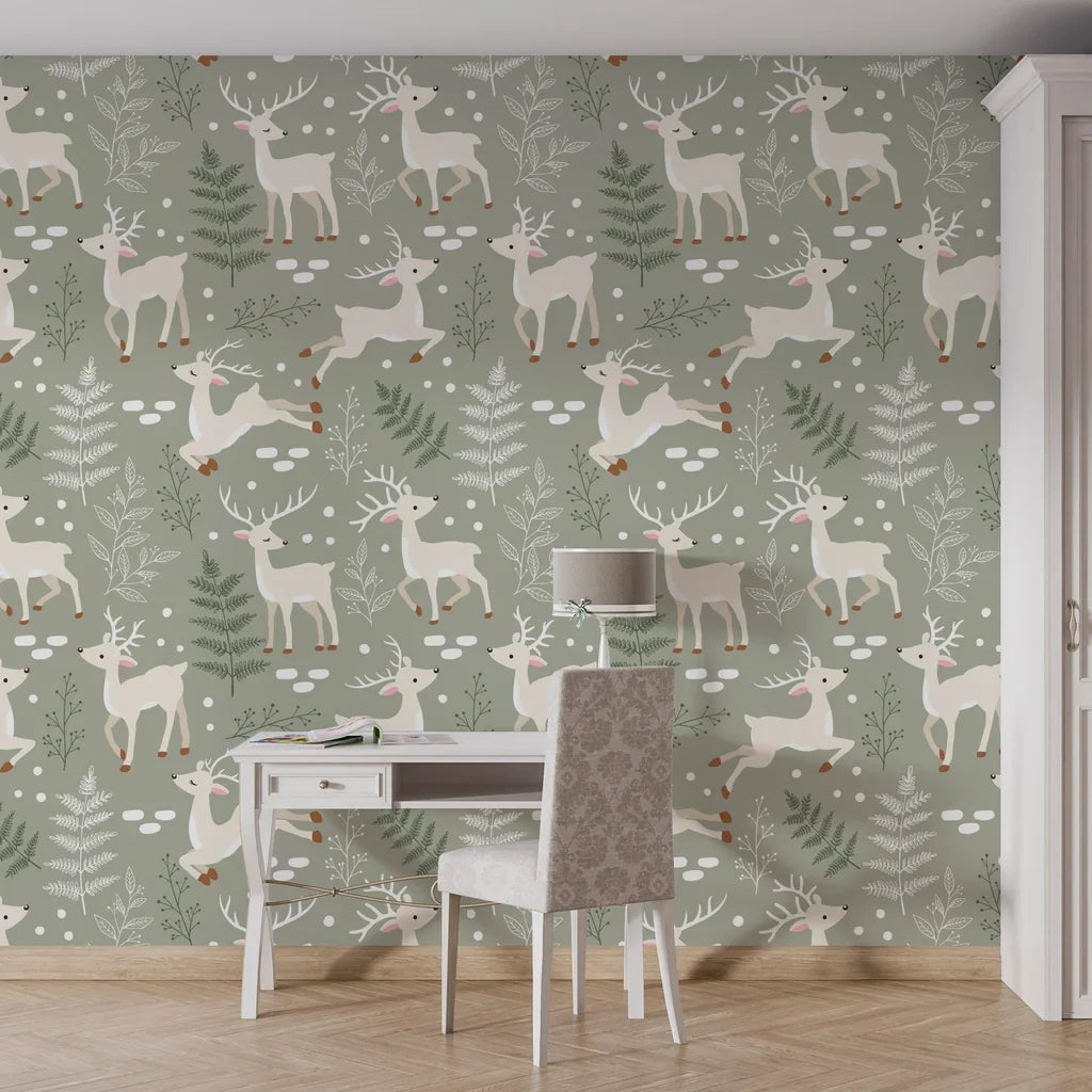 Woodland forest animal and pine tree pattern on a muted sage green background with self-adhesive backing - Silent Woods