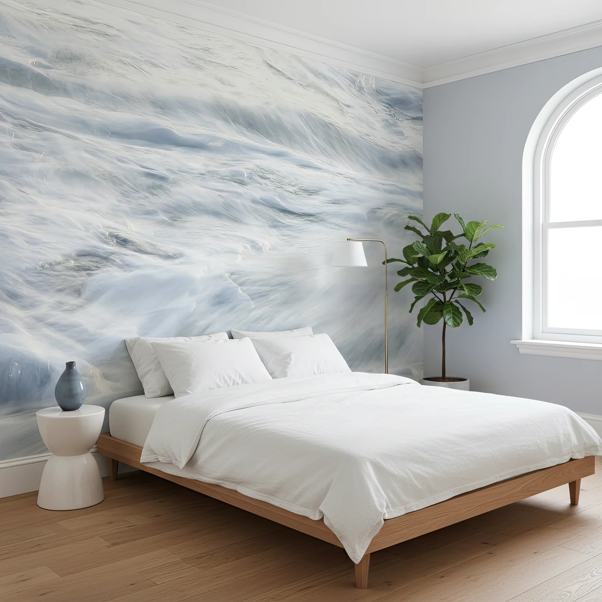 Ocean wave peel and stick wallpaper featuring ethereal white foam