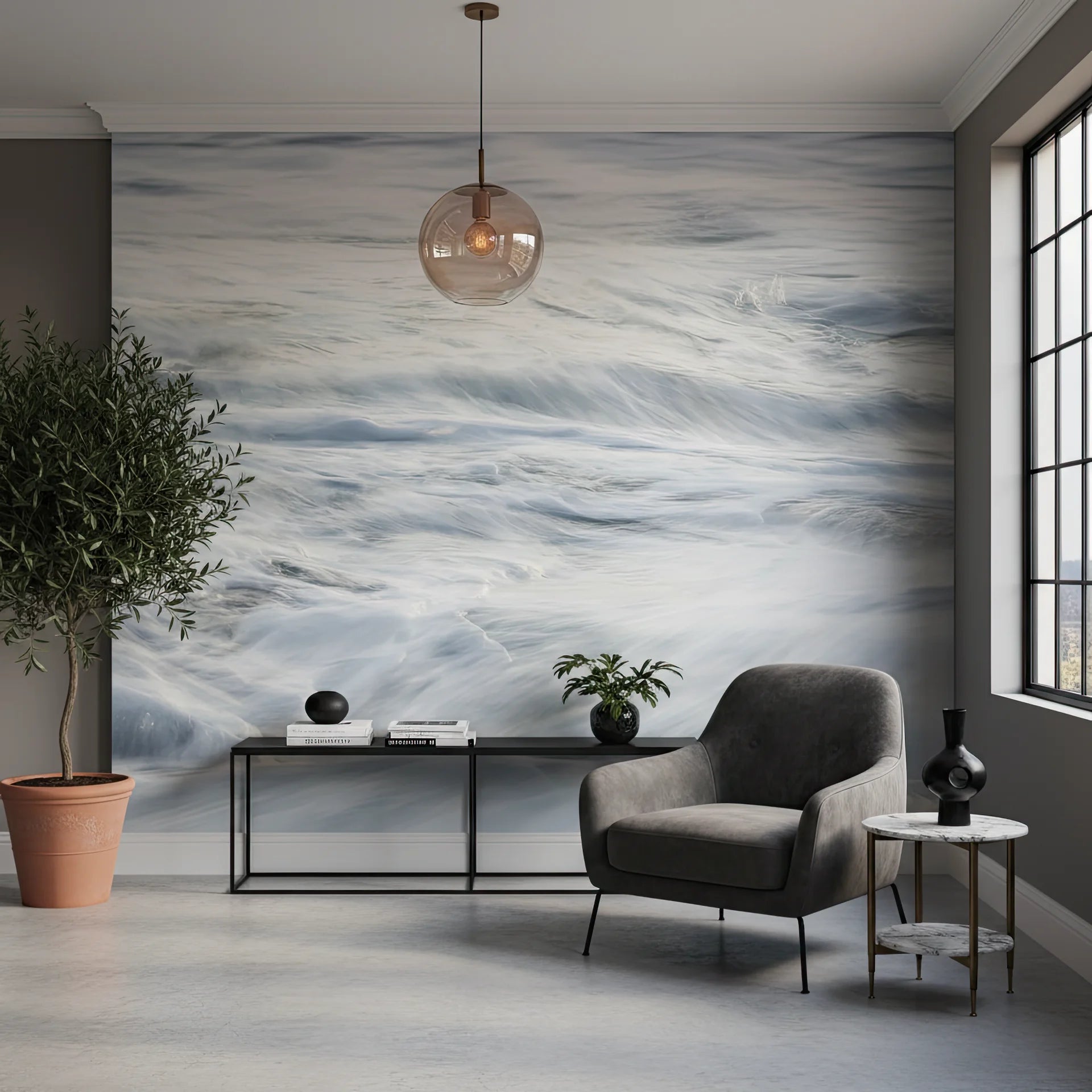 Seascape wall covering with luminous foam crest patterns