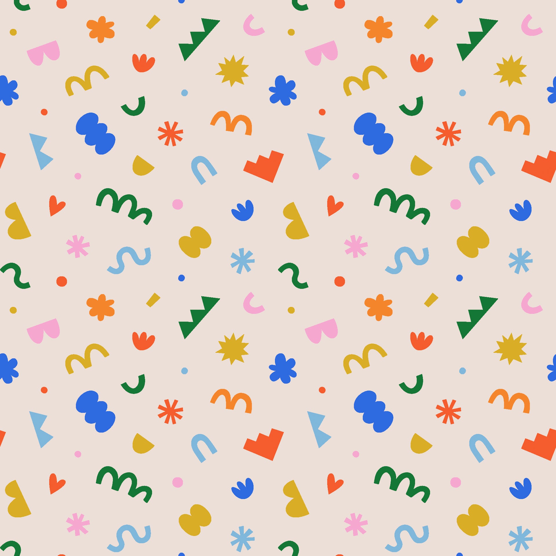 Abstract playful shapes wallpaper pattern with colorful organic icons, curved lines, hearts, stars, and geometric forms on a soft neutral background.