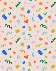 Abstract playful shapes wallpaper pattern with colorful organic icons, curved lines, hearts, stars, and geometric forms on a soft neutral background.