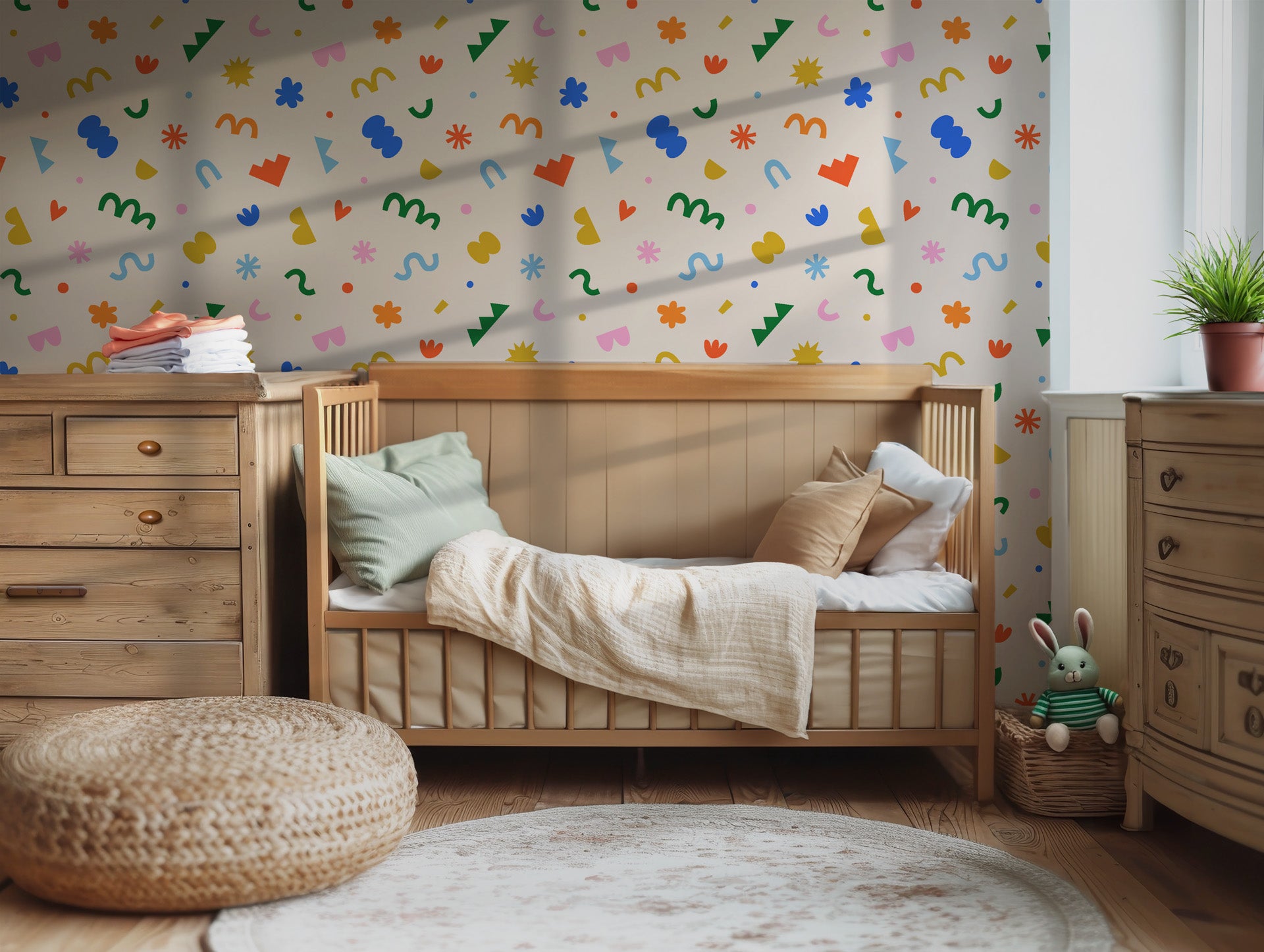 Abstract playful wallpaper shown on a modern nursery wall, featuring colorful shapes that create a cheerful and creative atmosphere.