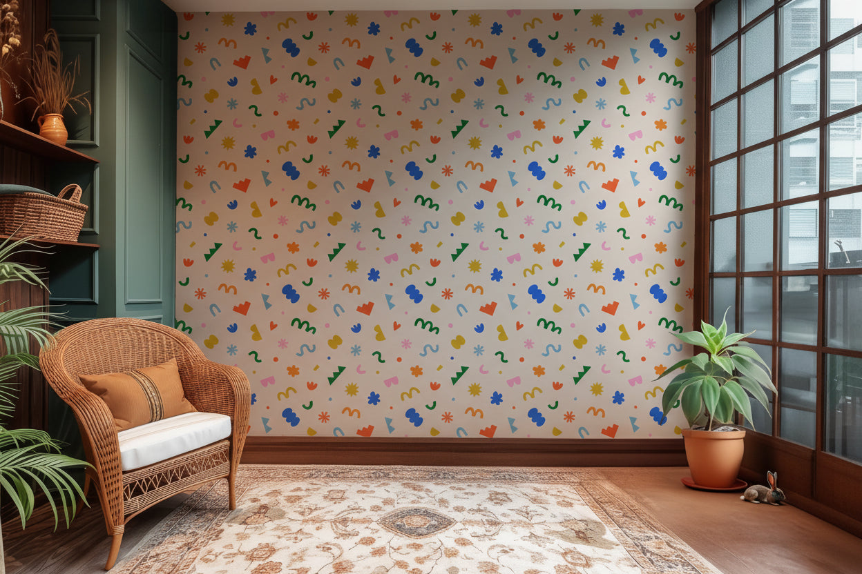Colorful abstract wallpaper installed in a kids bedroom, adding a fun and imaginative look with soft tones and organic shapes.