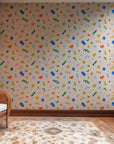 Colorful abstract wallpaper installed in a kids bedroom, adding a fun and imaginative look with soft tones and organic shapes.