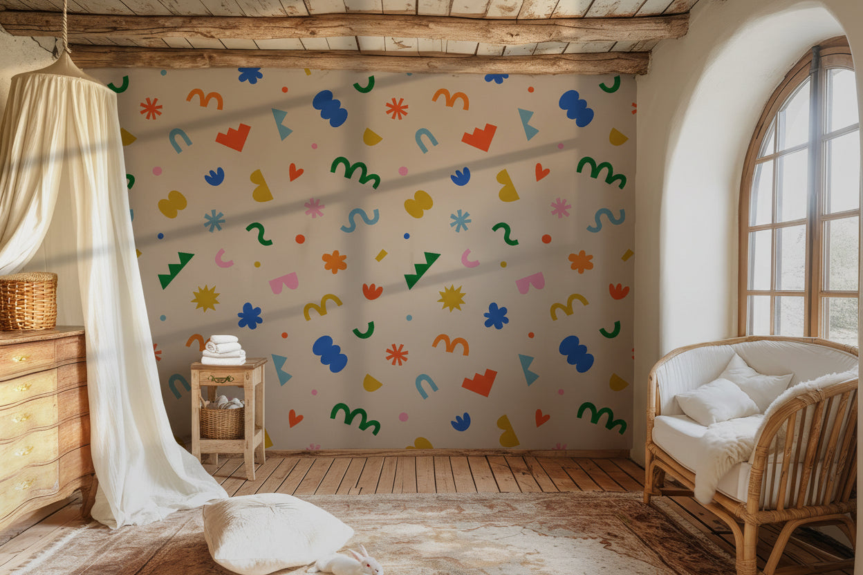 Playful abstract wallpaper used on a playroom accent wall, bringing energy and creativity through scattered colorful icons.