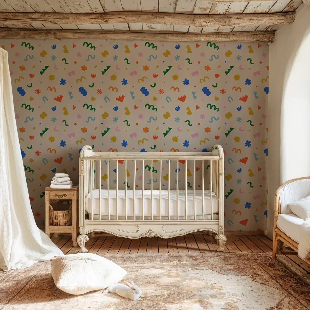 Modern peel and stick wall covering with multi-colored geometric silhouettes over a soft beige background - Silly Shapes