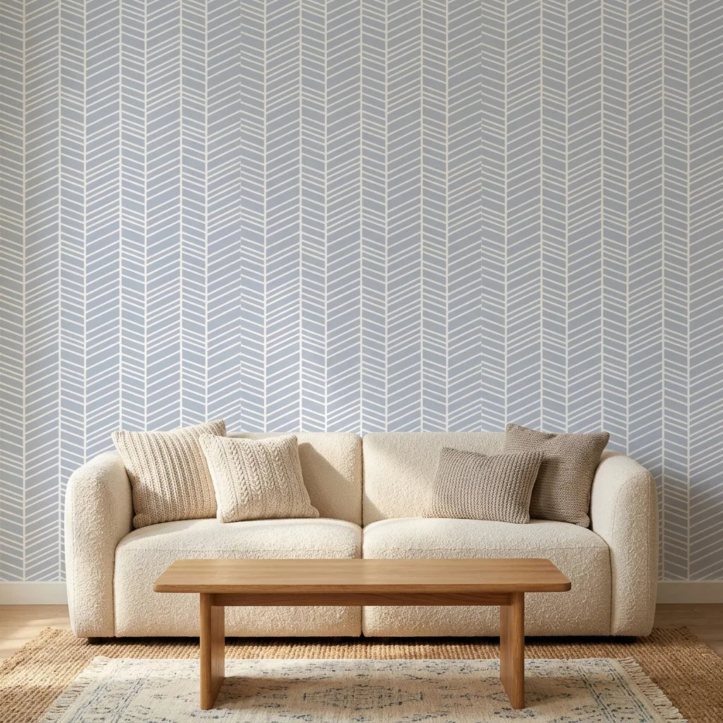 Silver Chevron pale blue geometric wallpaper in a warm and inviting living room