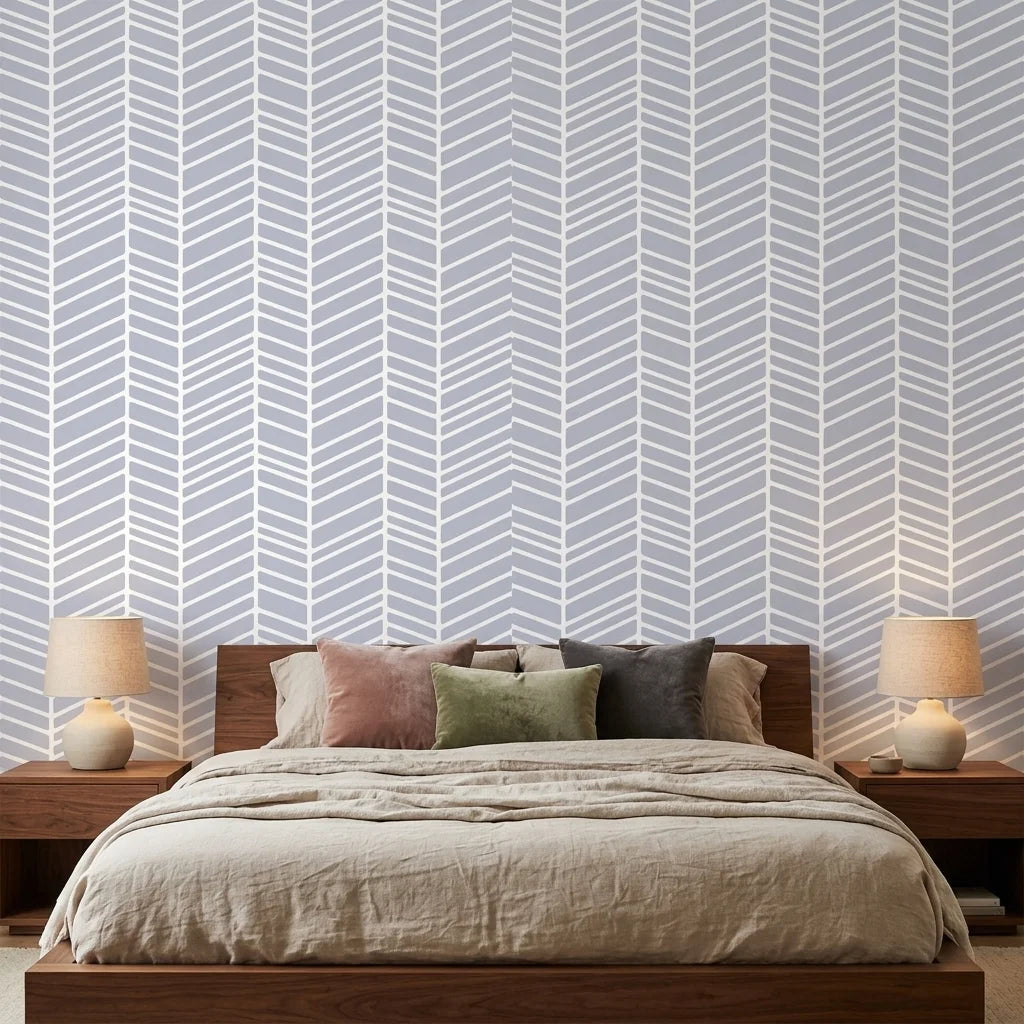 Silver Chevron pale blue geometric wallpaper adding character to a cozy bedroom