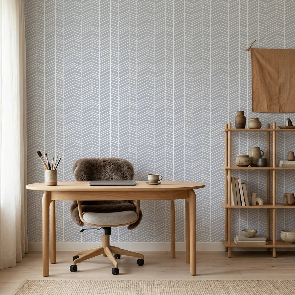 Silver Chevron pale blue geometric wallpaper as a feature wall in a bright home office