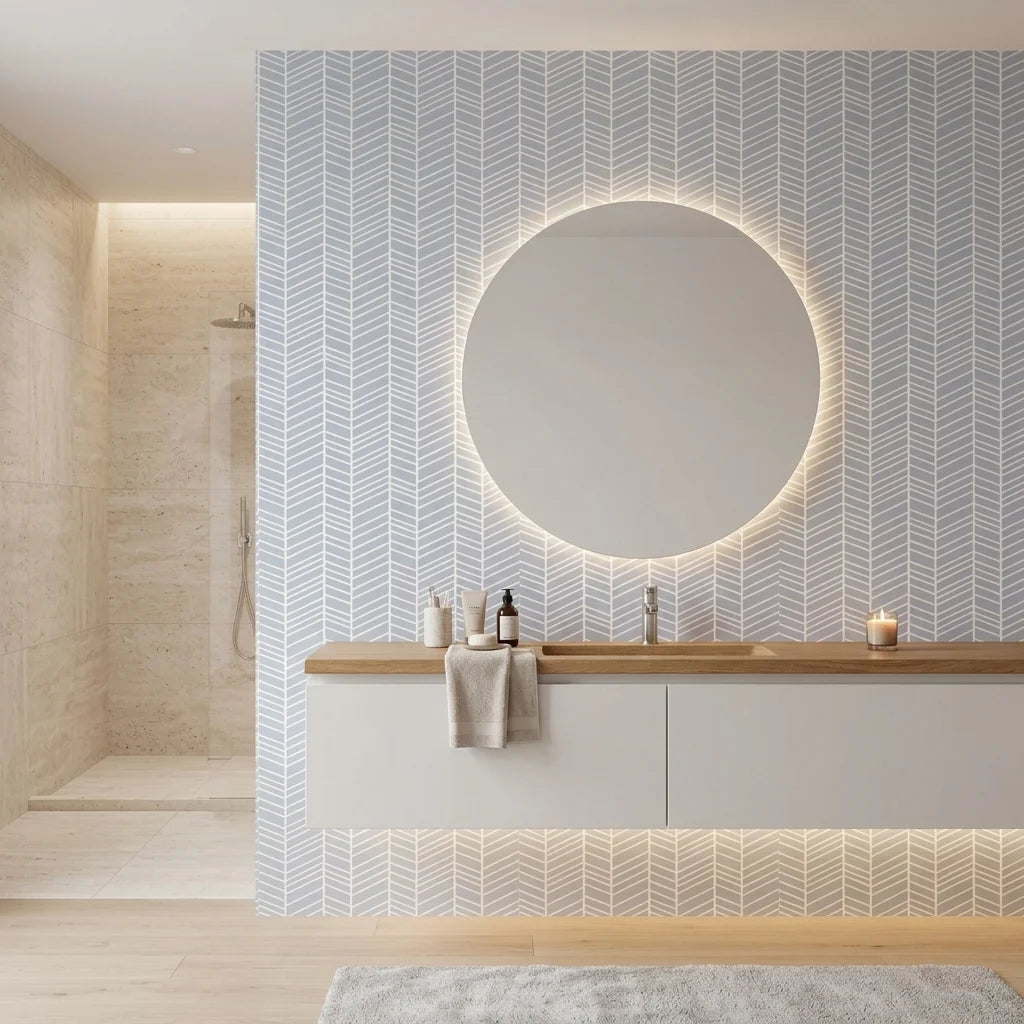 Silver Chevron pale blue geometric wallpaper creating ambiance in a serene bathroom