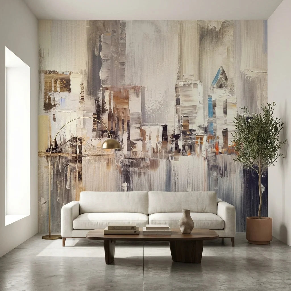 Canvas-like silver and gold painted urban skyline peel and stick wallpaper - Silver City