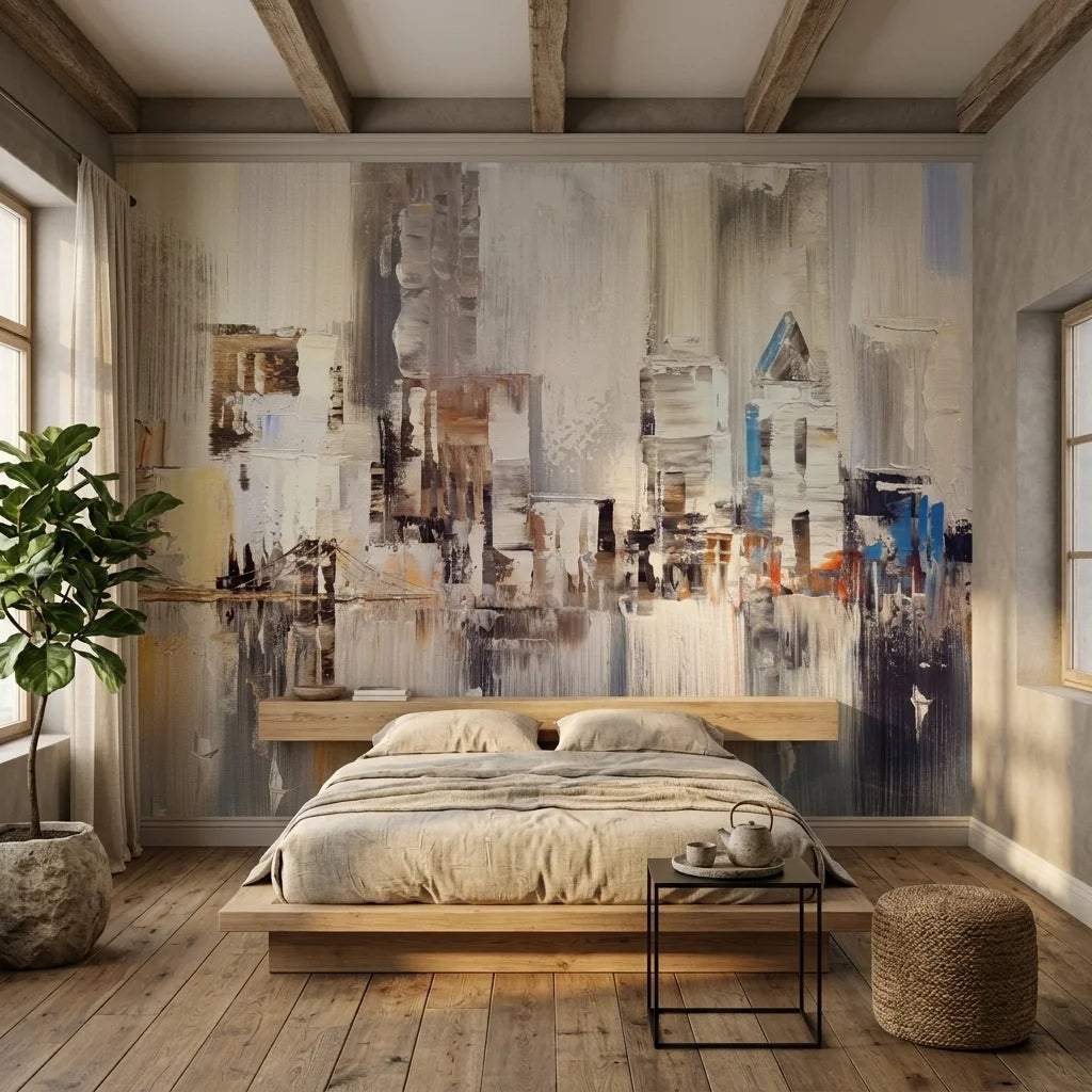 Silver City elegant neutral painted skyline wallpaper in a warm and inviting living room