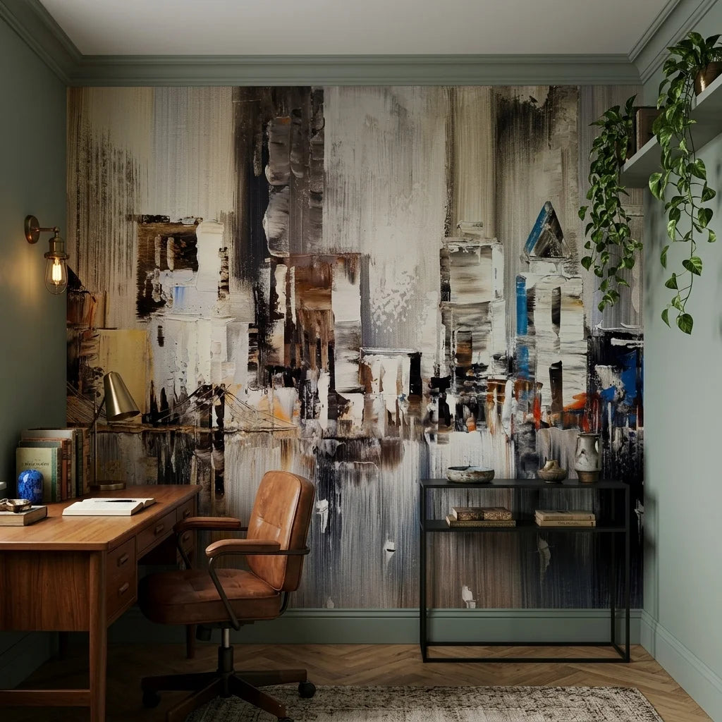 Silver City elegant neutral painted skyline wallpaper adding character to a cozy bedroom