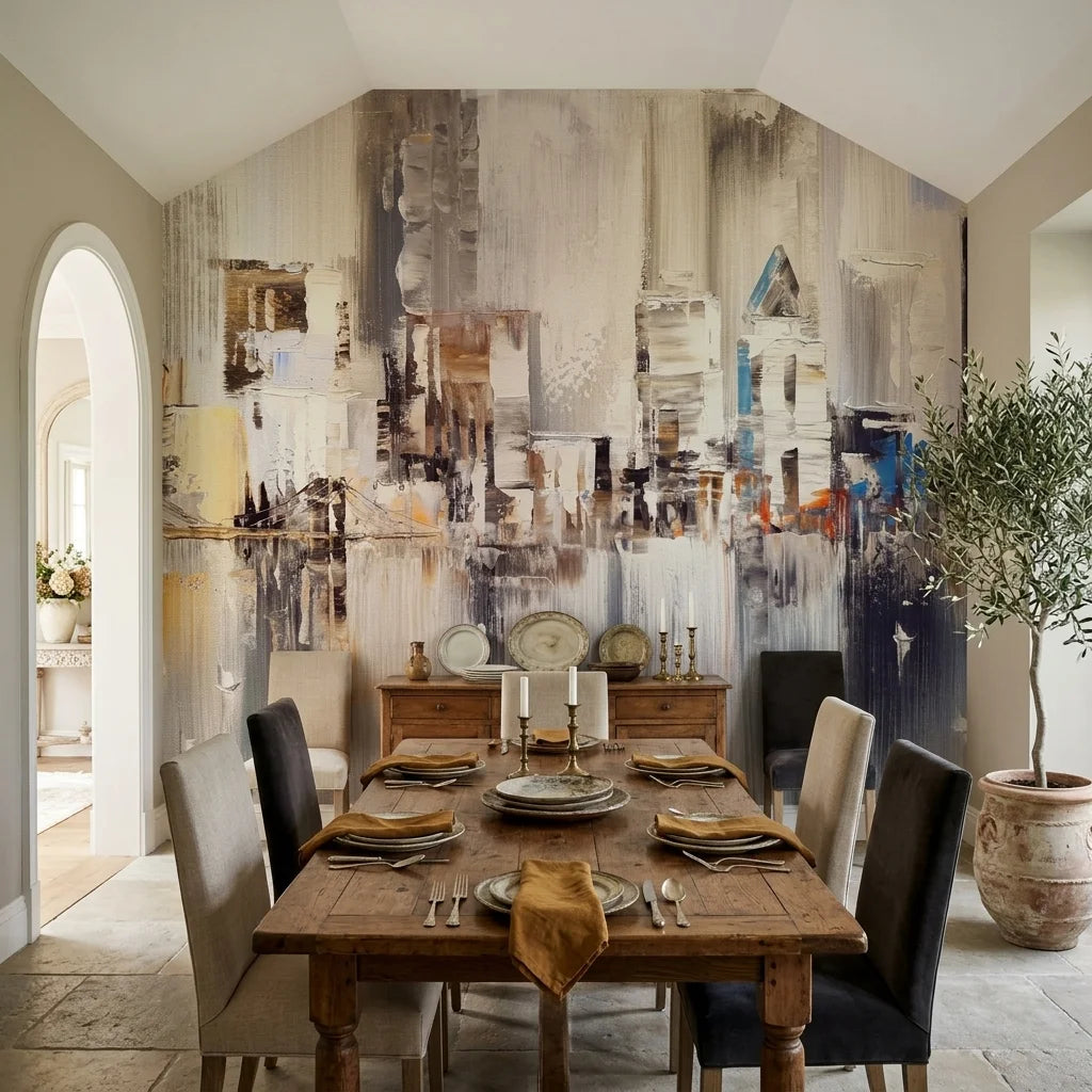 Silver City elegant neutral painted skyline wallpaper as a feature wall in a bright home office