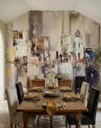 Silver City elegant neutral painted skyline wallpaper as a feature wall in a bright home office