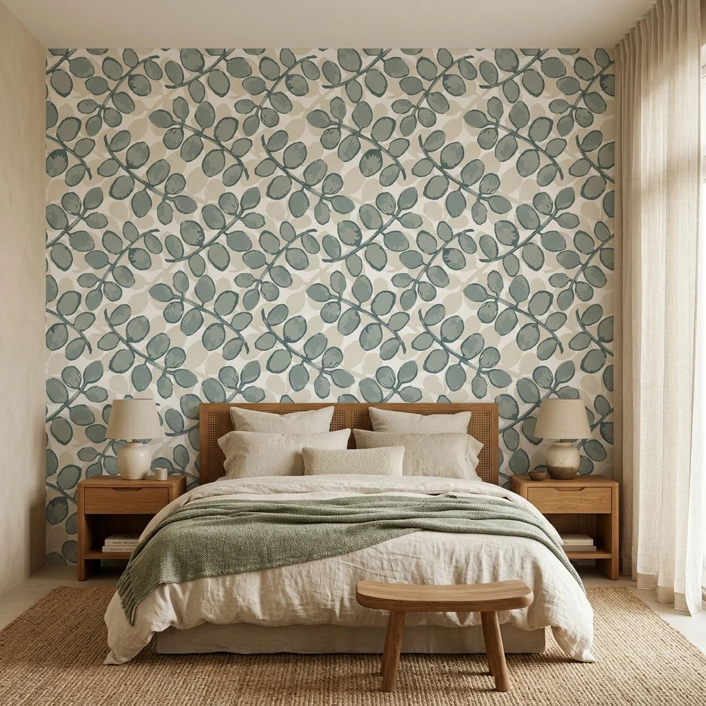 Silver Dollar gray botanical peel and stick wallpaper adding character to a cozy bedroom