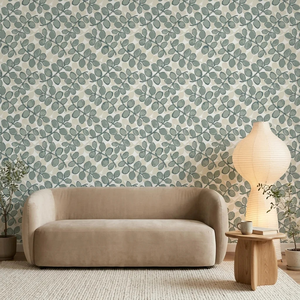 Silver Dollar gray botanical peel and stick wallpaper in a warm and inviting living room