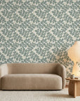 Silver Dollar gray botanical peel and stick wallpaper in a warm and inviting living room