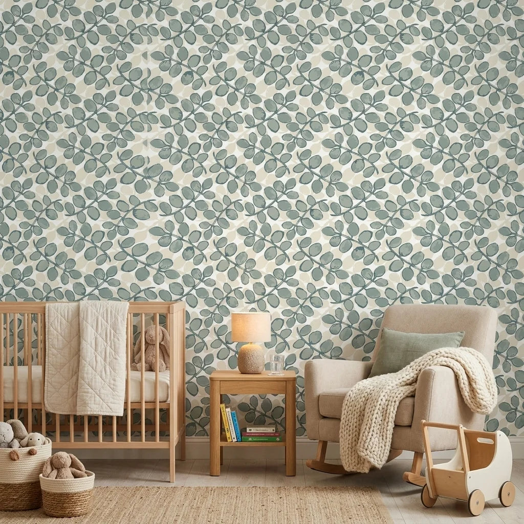 Silver Dollar gray botanical peel and stick wallpaper bringing warmth to a peaceful nursery