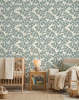 Silver Dollar gray botanical peel and stick wallpaper bringing warmth to a peaceful nursery