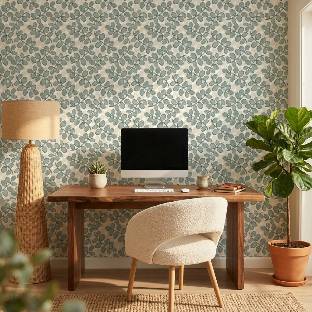 Silver Dollar gray botanical peel and stick wallpaper as a feature wall in a bright home office